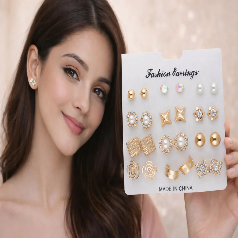 Premium Gold Plated Multi Design Stud Earrings Set – 12 Pairs