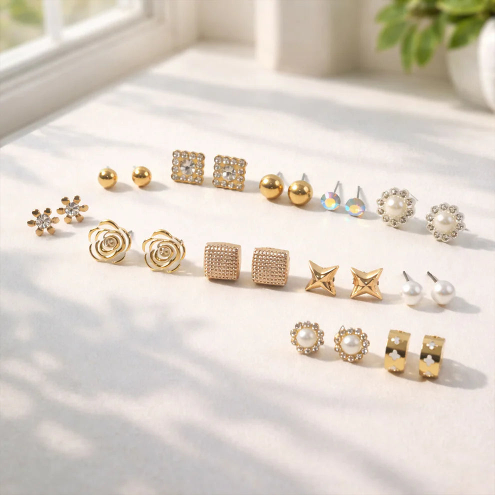 Premium Gold Plated Multi Design Stud Earrings Set – 12 Pairs