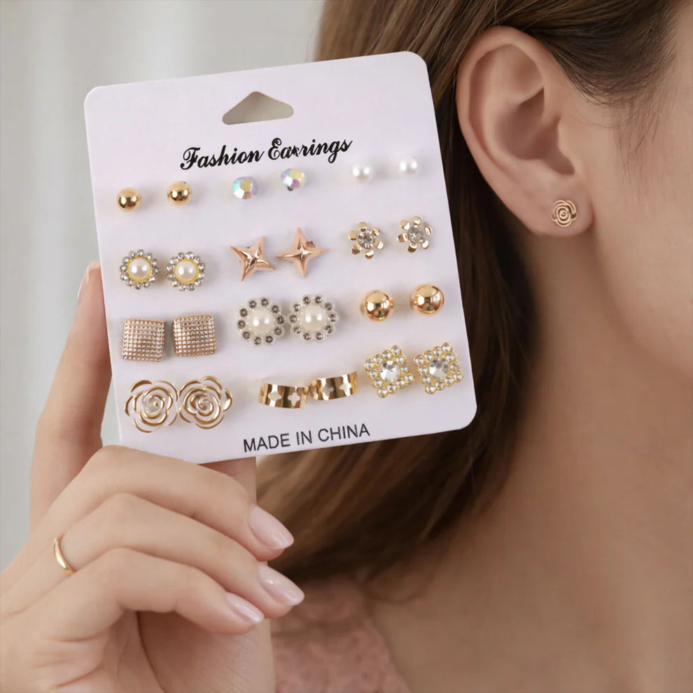 Premium Gold Plated Multi Design Stud Earrings Set – 12 Pairs