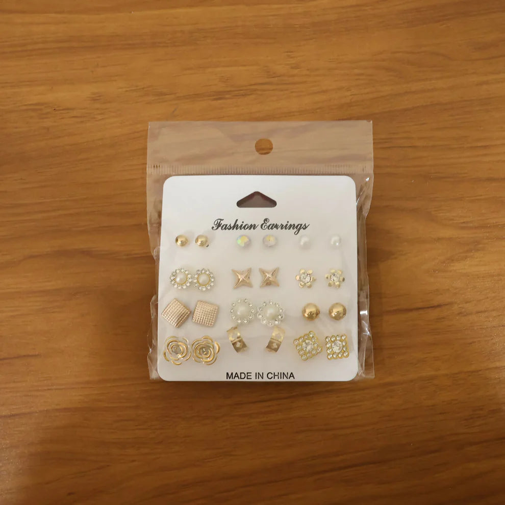 Premium Gold Plated Multi Design Stud Earrings Set – 12 Pairs
