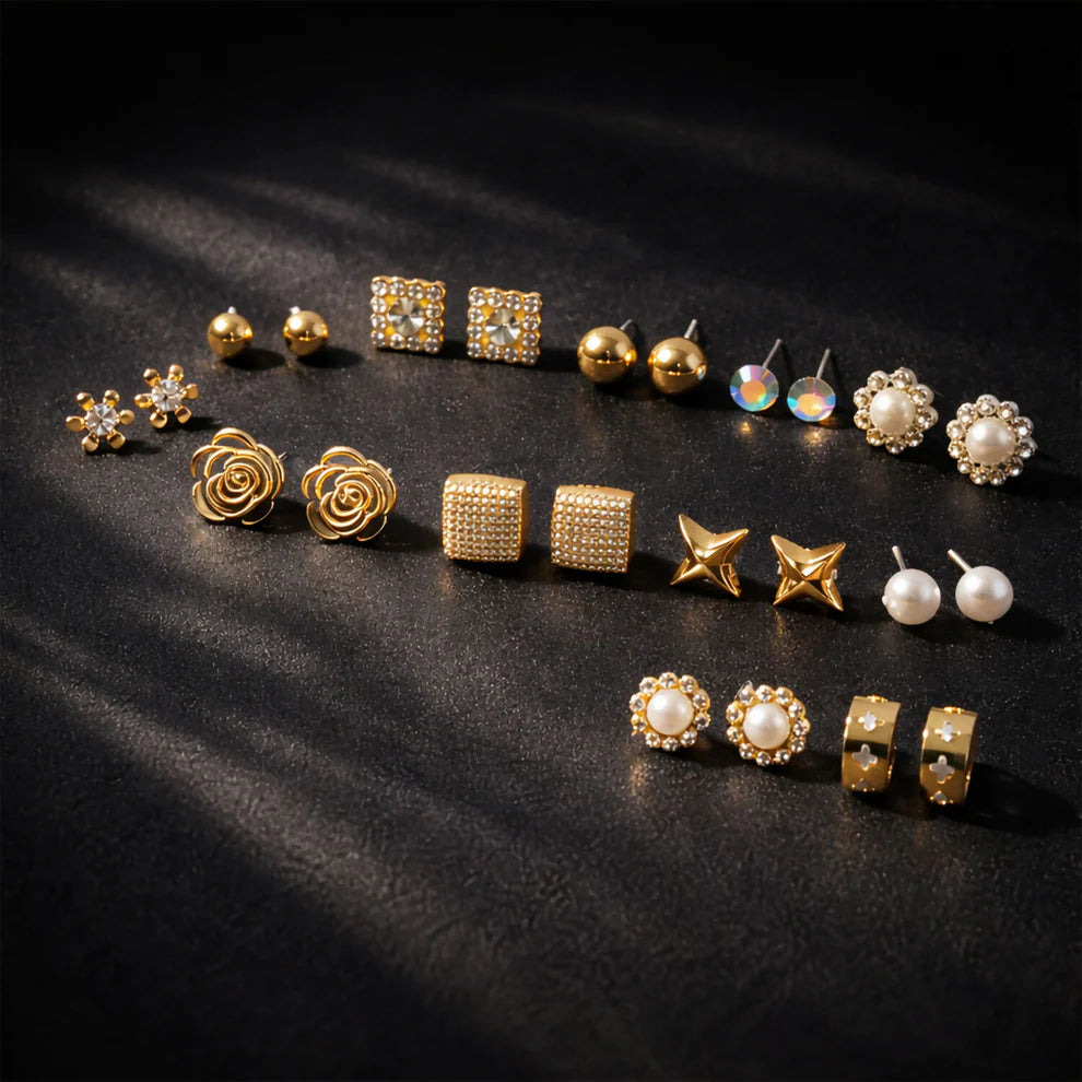 Premium Gold Plated Multi Design Stud Earrings Set – 12 Pairs
